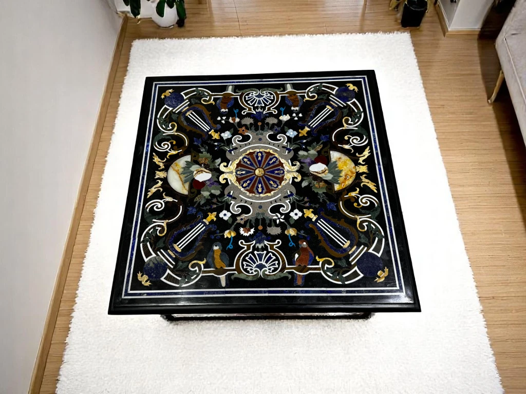 Black Marble Square Table Antique Pietra Dura Design
